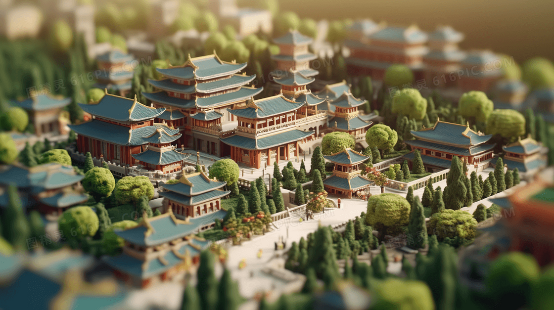 中国风3D立体古建筑模型插画