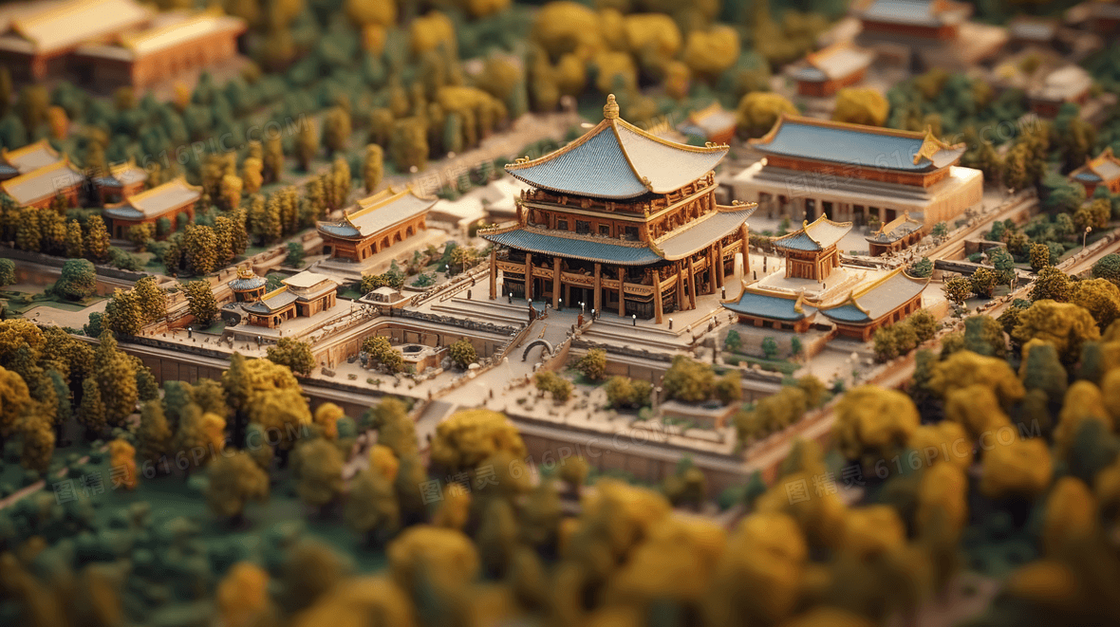 3D立体中国风古建筑模型插画