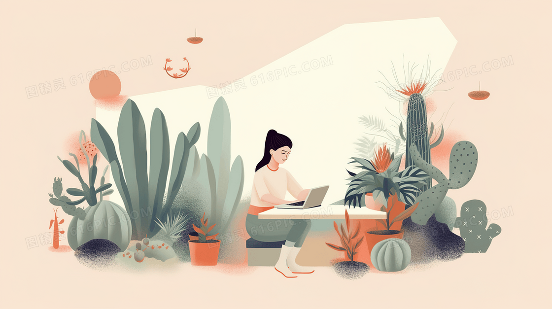 绿植中商务办公女士插画