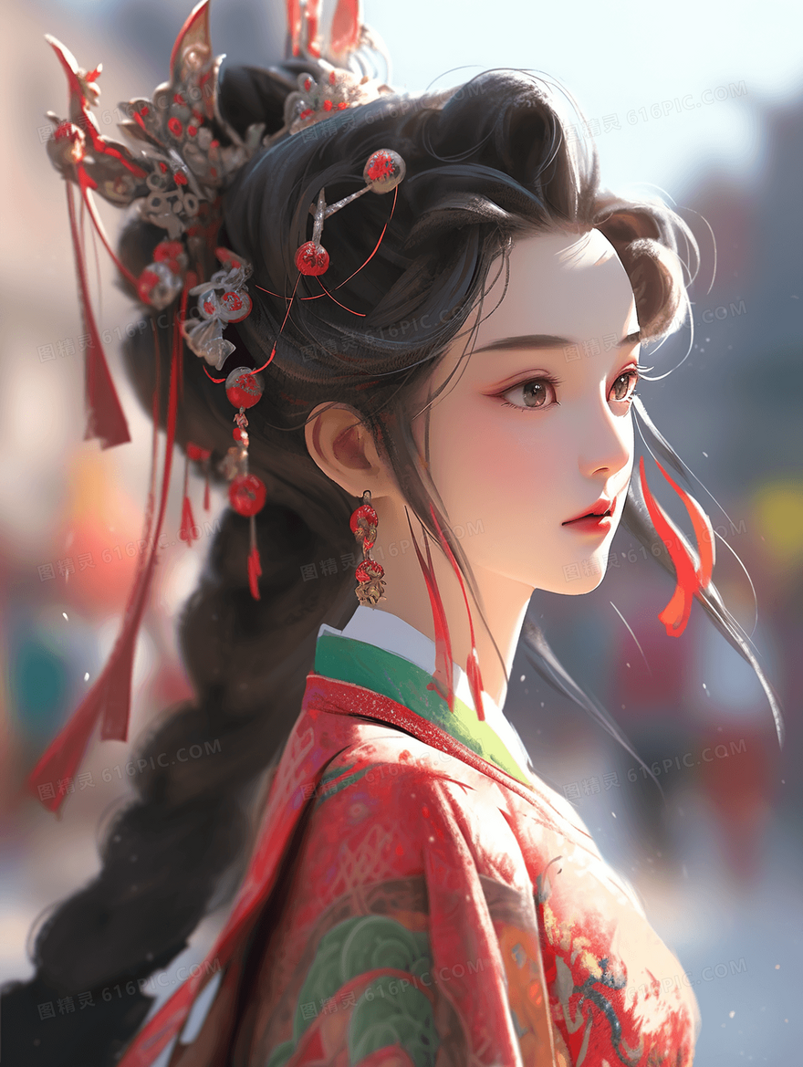 国潮风长发古典美女人物插画