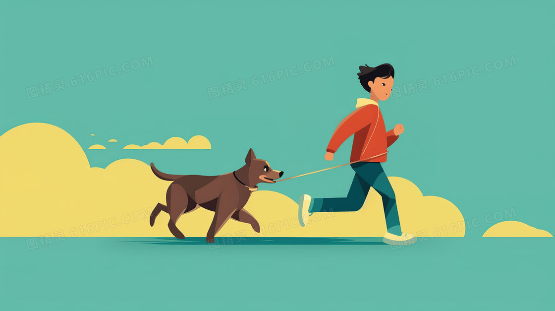 卡通人物遛狗插画