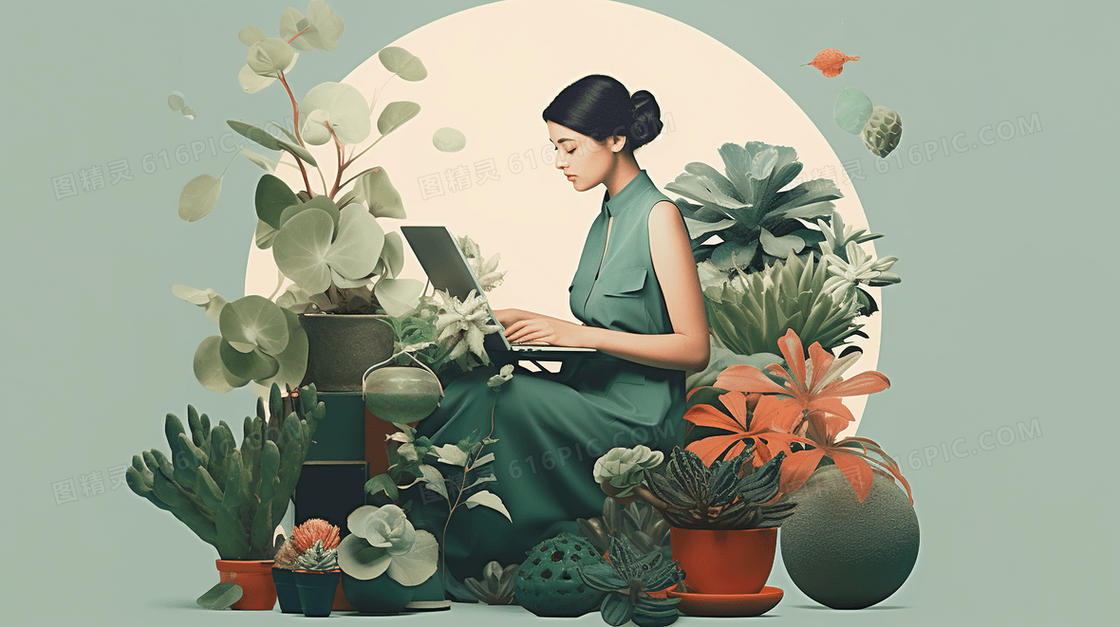 绿植中商务办公女士插画