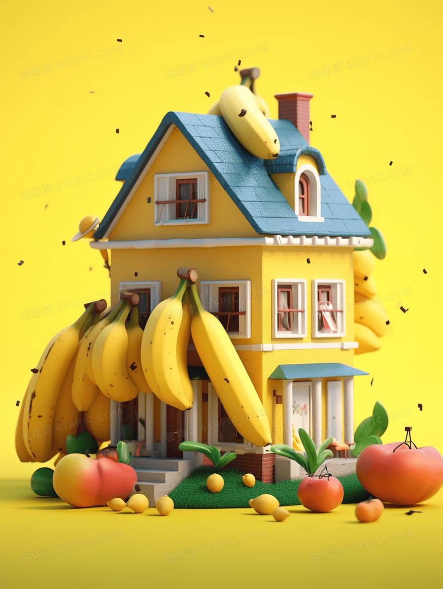 黄色香蕉3D立体C4D几何建筑模型插画