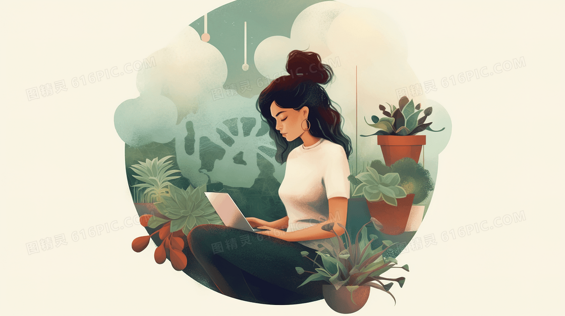 绿植中商务办公女士插画