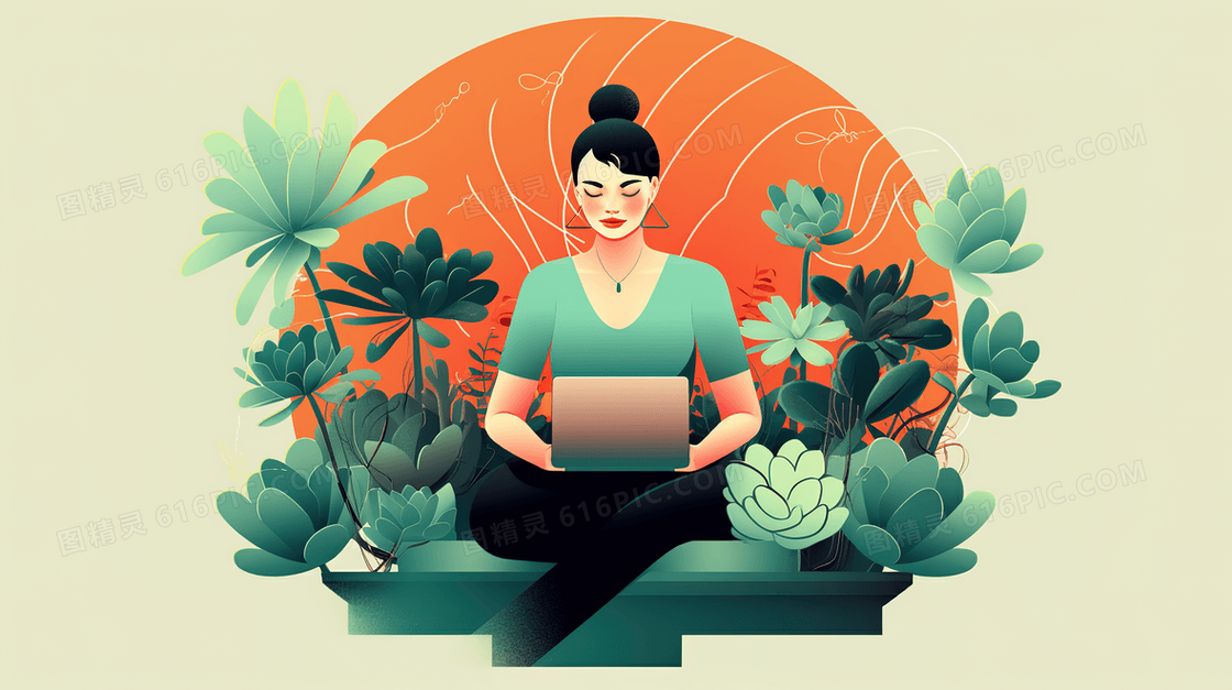 绿植中商务办公女士插画
