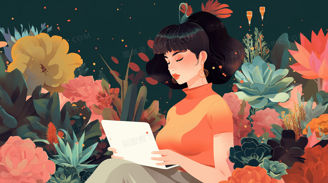 绿植中商务办公女士插画