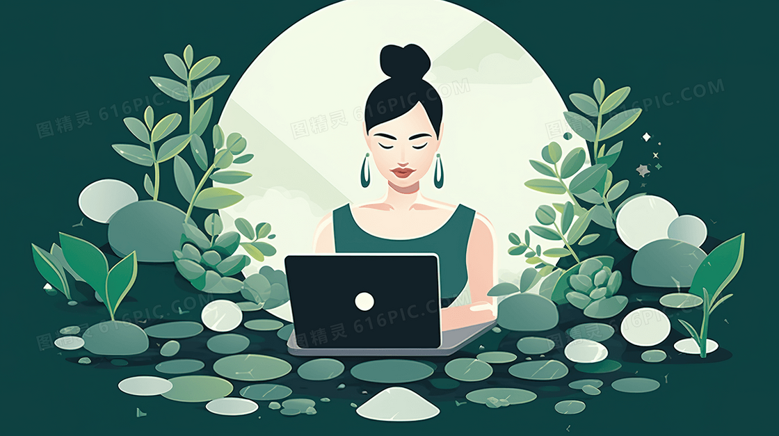 绿植中商务办公女士插画