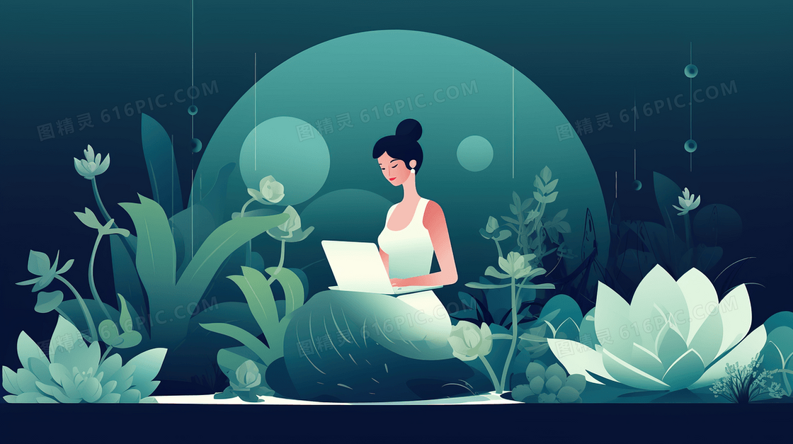 绿植中商务办公女士插画