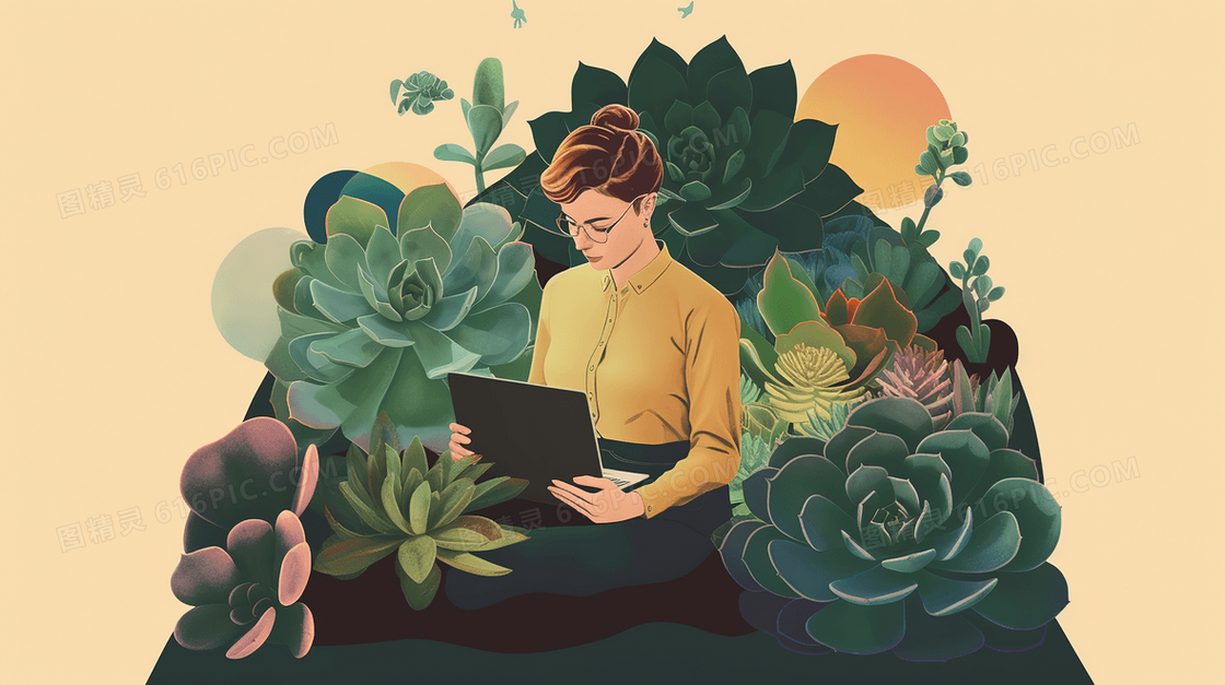 绿植中商务办公女士插画