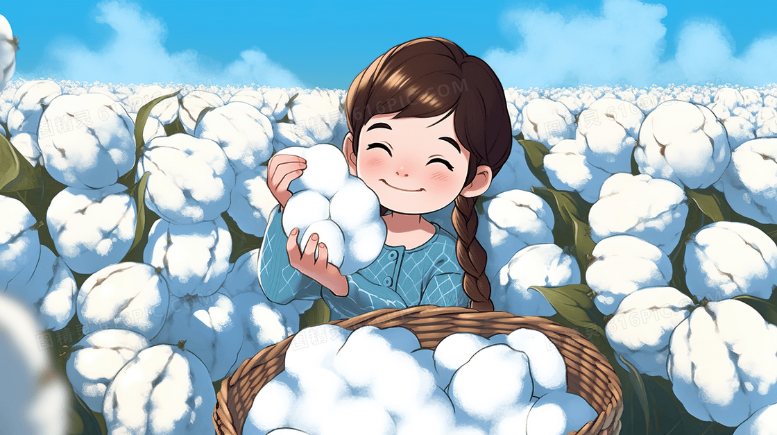 卡通可爱女孩抱着一篮子棉花在田里开心的笑了创意插画