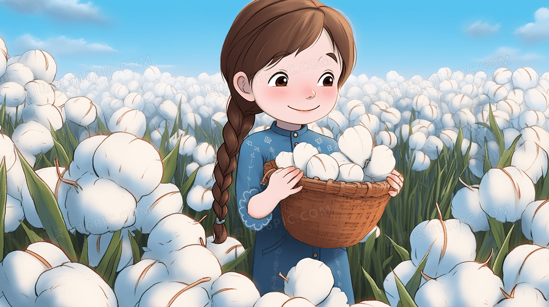 卡通可爱女孩抱着一篮子棉花在田里开心的笑了创意插画