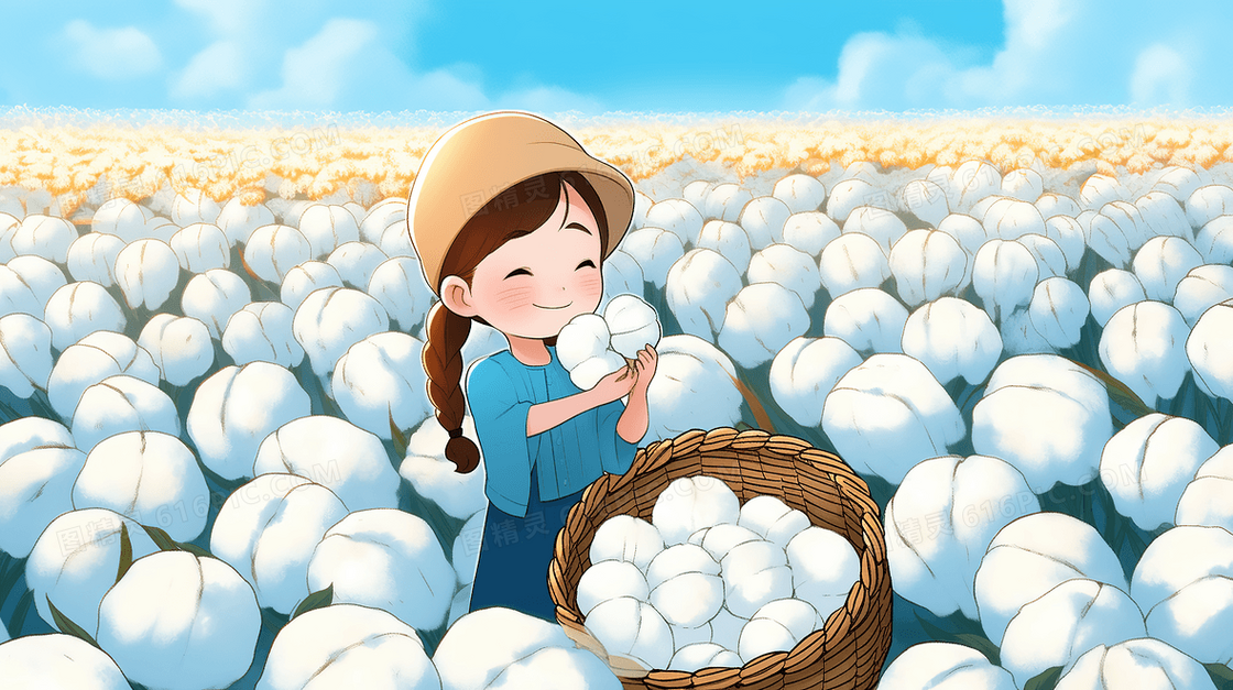 卡通可爱女孩抱着一篮子棉花在田里开心的笑了创意插画