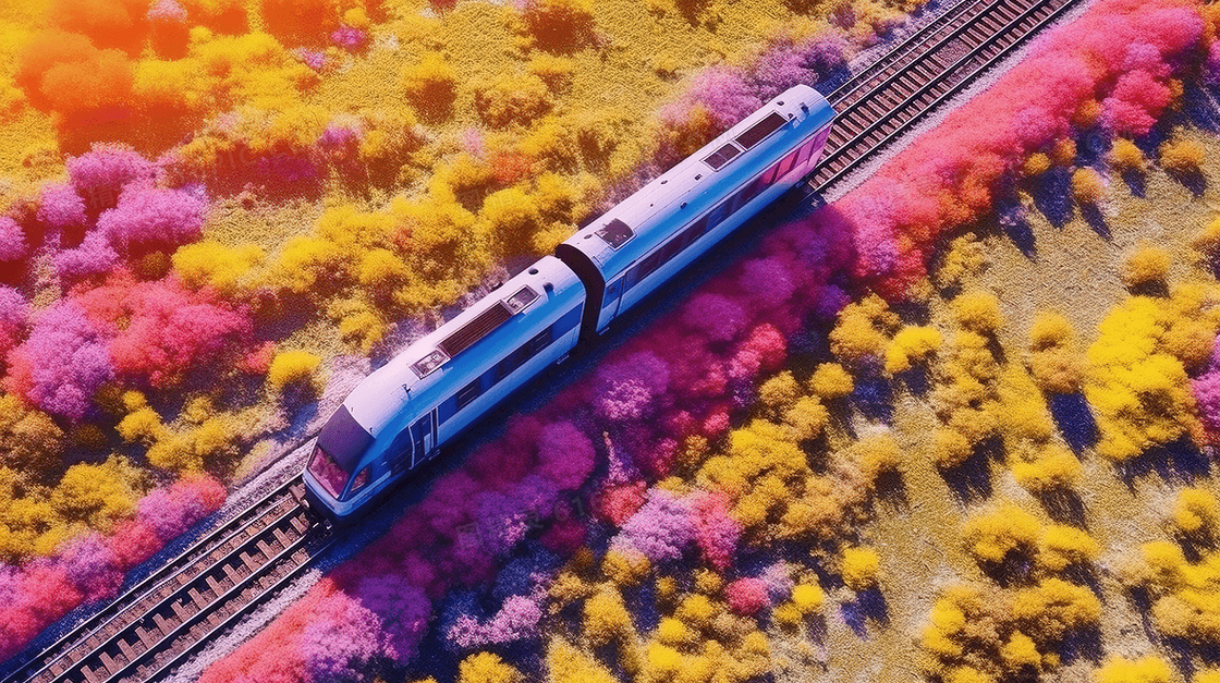 彩色唯美花丛中行驶的小火车风景插画