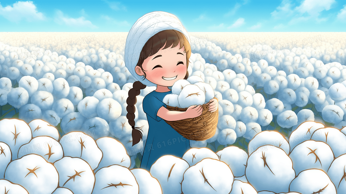 卡通可爱女孩抱着一篮子棉花在田里开心的笑了创意插画