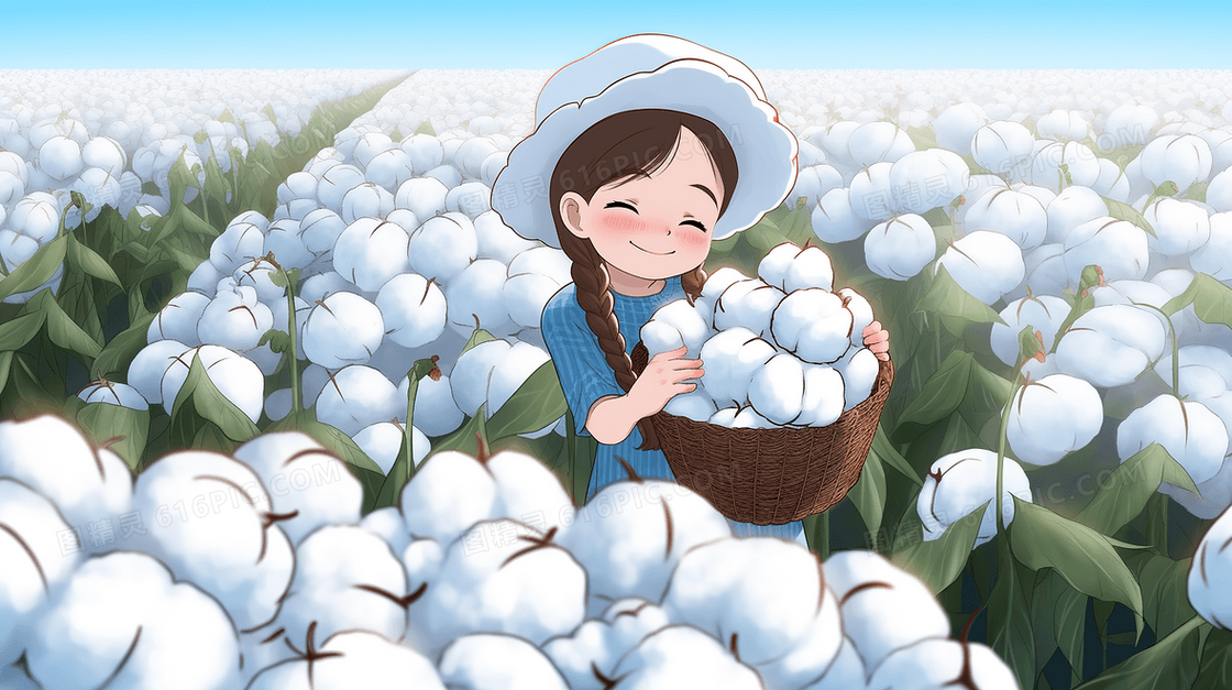 卡通可爱女孩抱着一篮子棉花在田里开心的笑了创意插画
