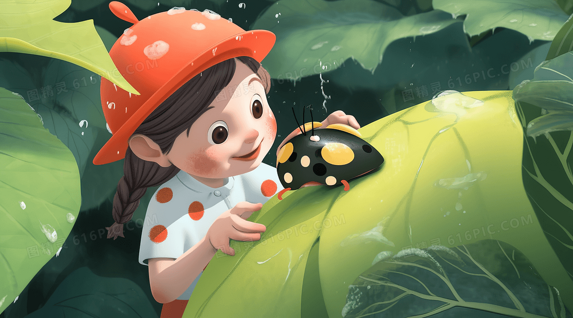 下雨天可爱卡通女孩在森林里观察昆虫创意插画