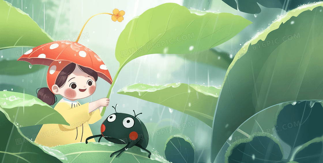 下雨天可爱卡通女孩在森林里观察昆虫创意插画
