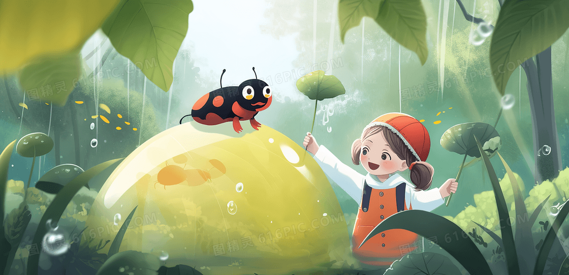 下雨天可爱卡通女孩在森林里观察昆虫创意插画