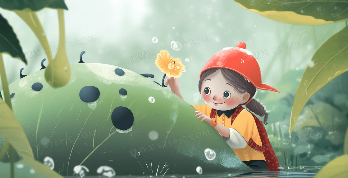 下雨天可爱卡通女孩在森林里观察昆虫创意插画