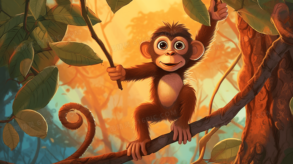 森林中跳跃的猴子卡通插画