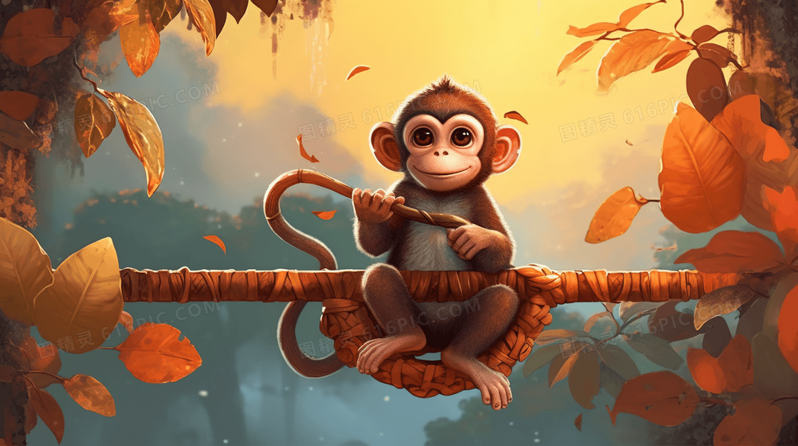森林中跳跃的猴子卡通插画