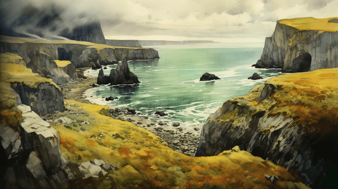 海边壮观峡谷悬崖创意风景插画