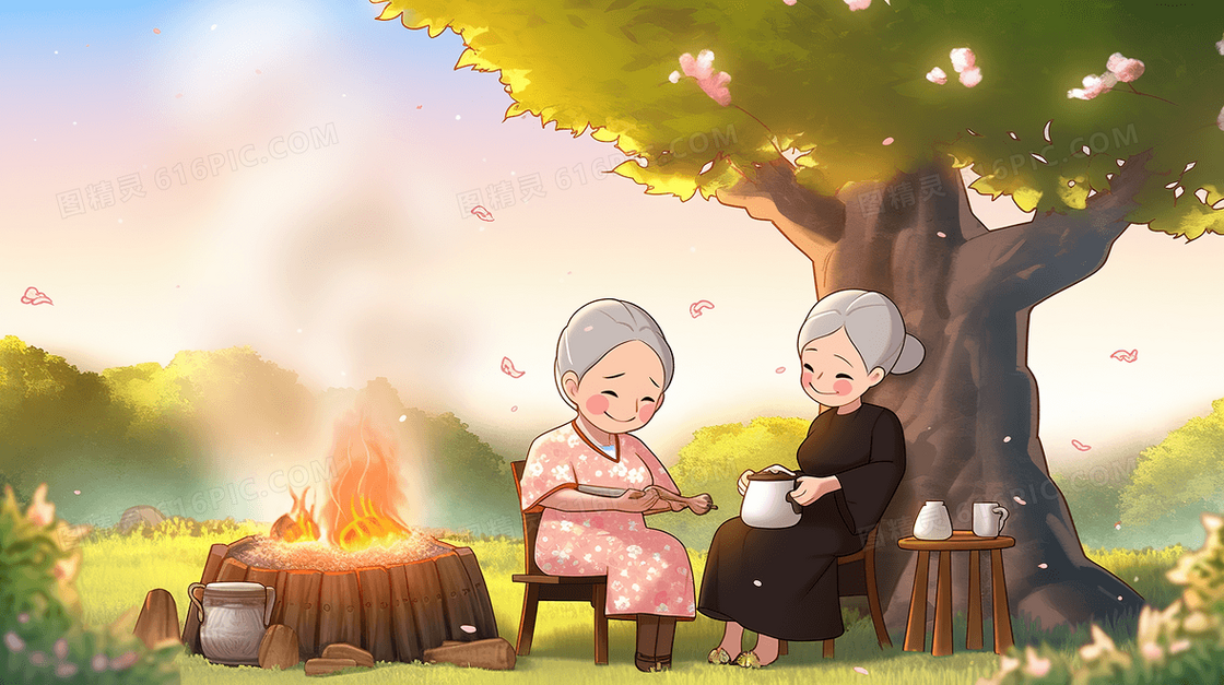 老奶奶坐在院子的火堆旁烧水煮茶创意插画