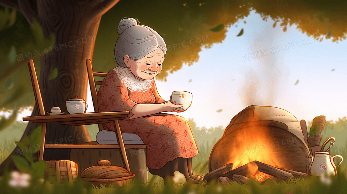 老奶奶坐在院子的火堆旁烧水煮茶创意插画