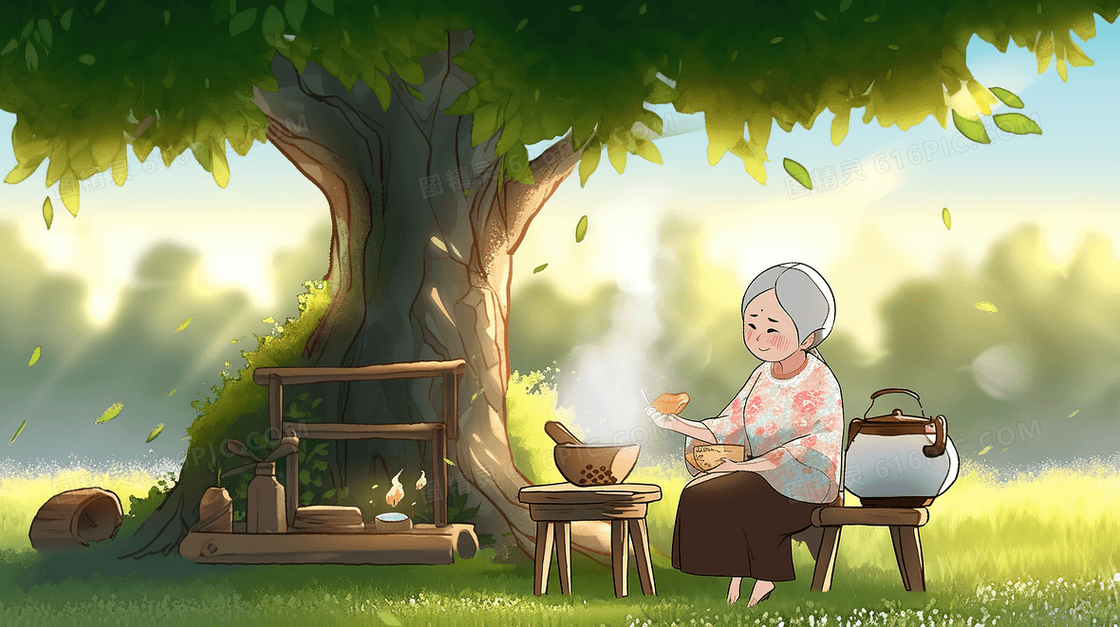 老奶奶坐在院子的火堆旁烧水煮茶创意插画