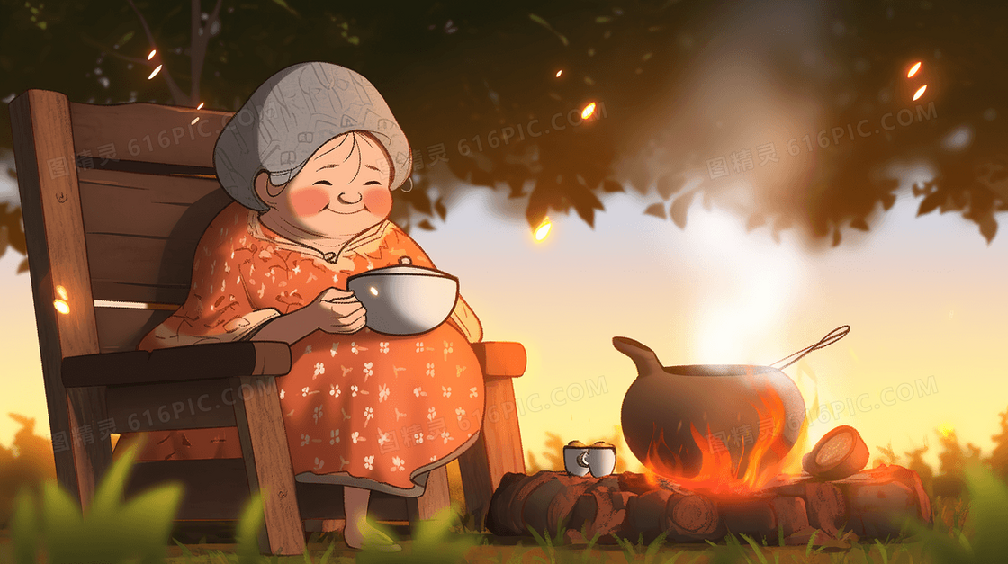 老奶奶坐在院子的火堆旁烧水煮茶创意插画