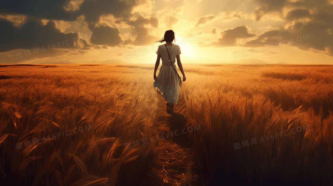 金色夕阳下麦穗中站立的长发女孩图片