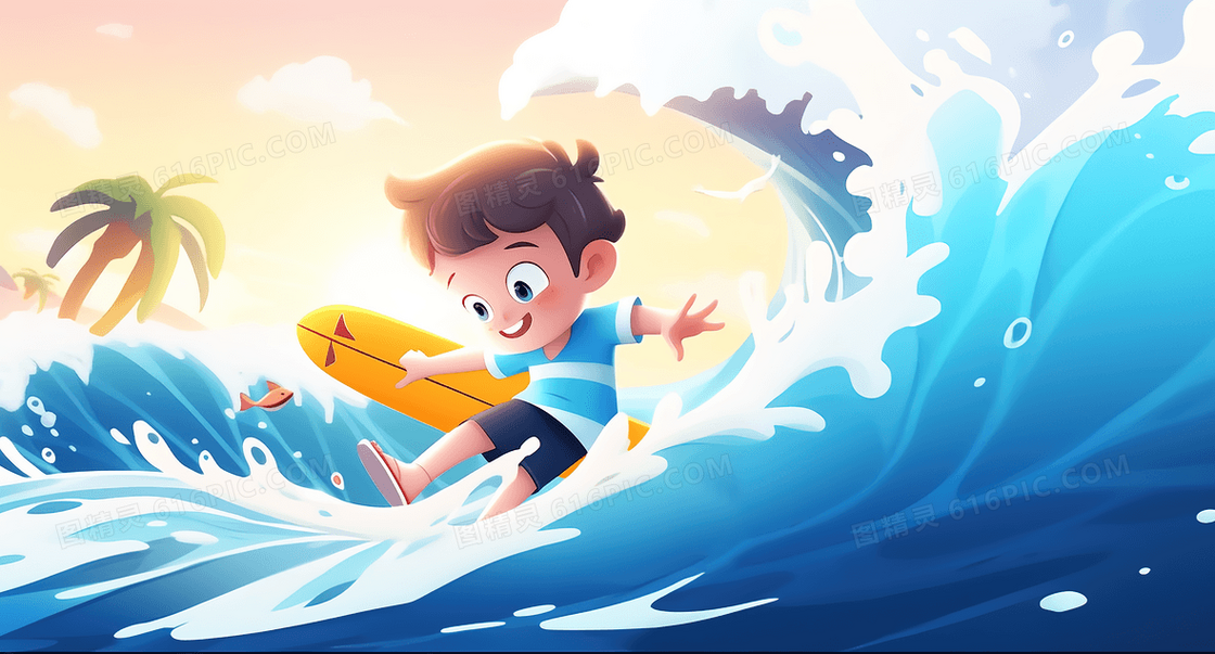 可爱卡通男孩在海面上玩冲浪创意插画