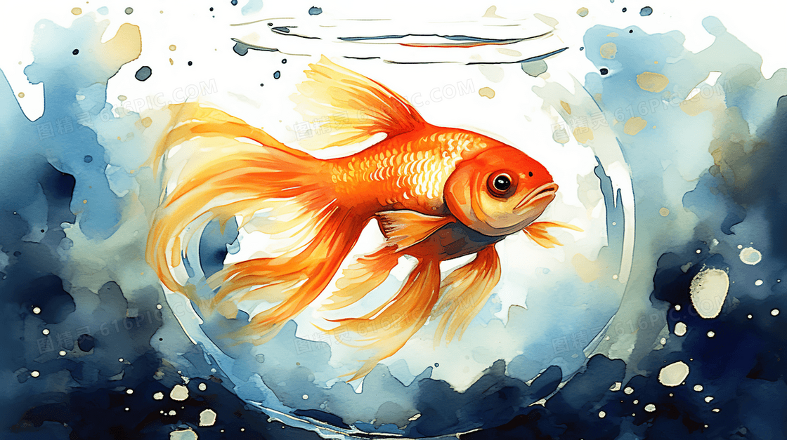 水彩质感鱼缸里的金鱼插画