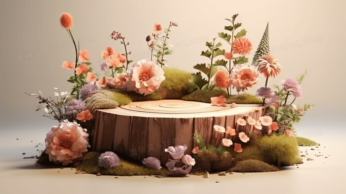 3D立体唯美意境花朵木头产品展示台图片