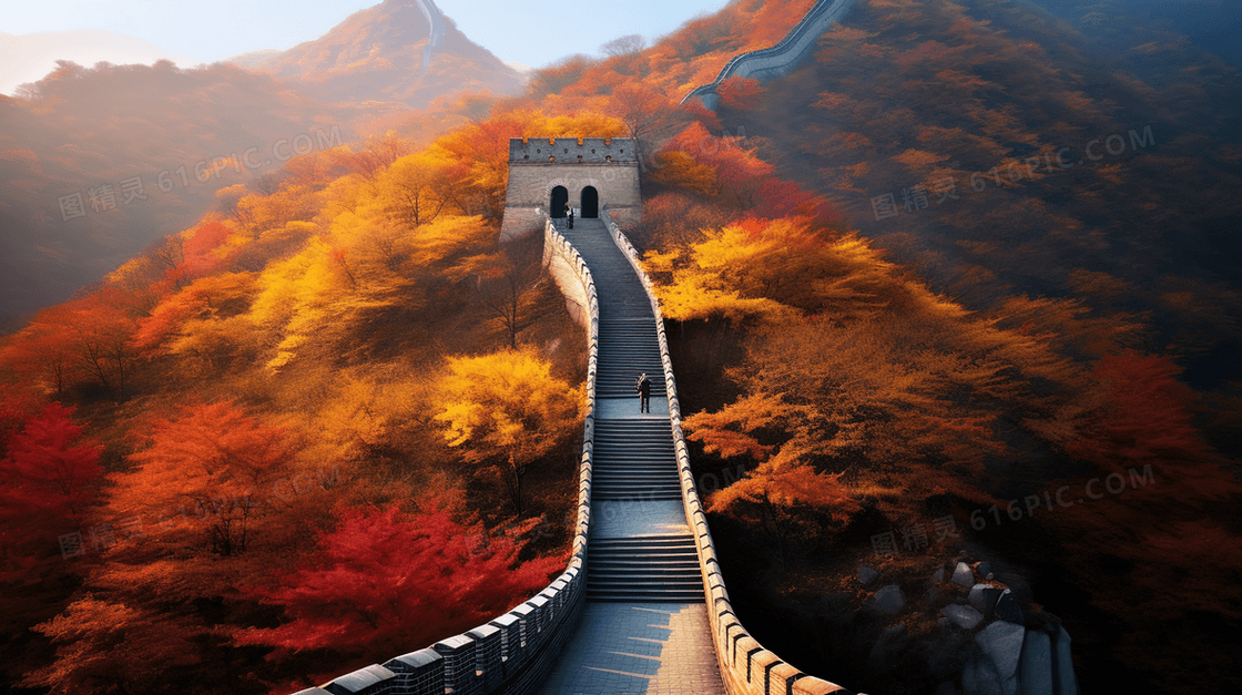 秋季中国长城风景插画