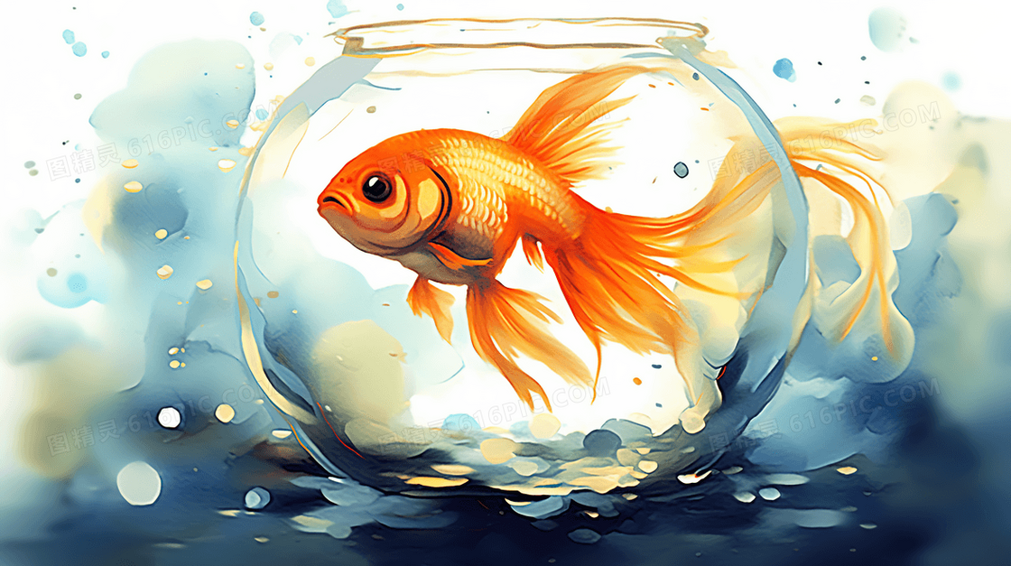 水彩质感鱼缸里的金鱼插画