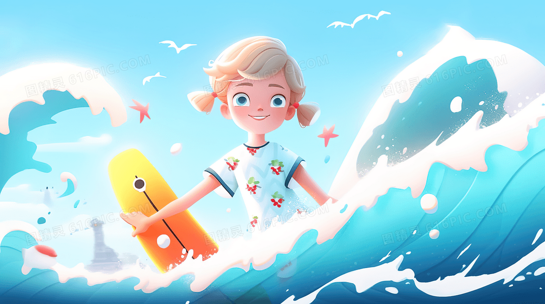 可爱卡通女孩在海面上玩冲浪创意插画