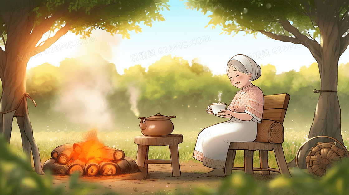 老奶奶坐在院子的火堆旁烧水煮茶创意插画