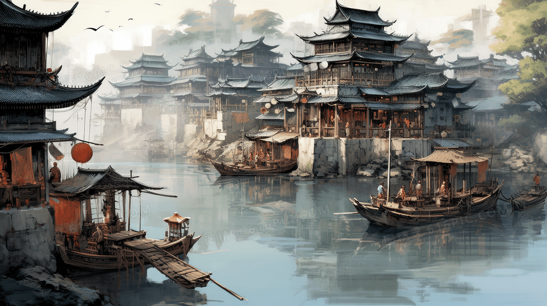 中国风唯美古建筑山水风景插画