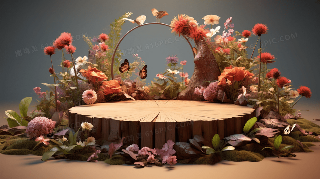 3D立体唯美意境花朵木头产品展示台图片