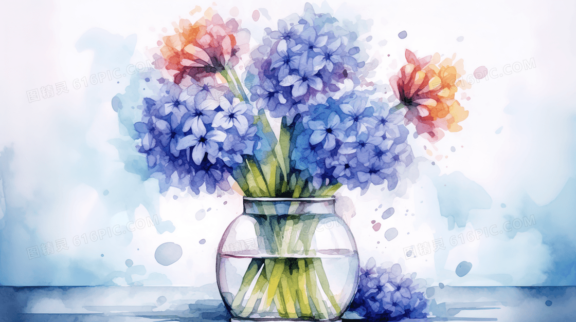 水彩质感绣球花花瓶摆件插画