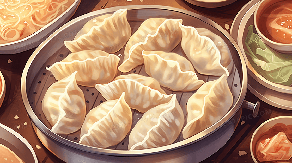 一笼蒸饺美食插画