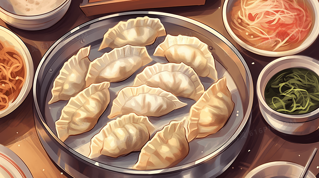 一笼蒸饺美食插画