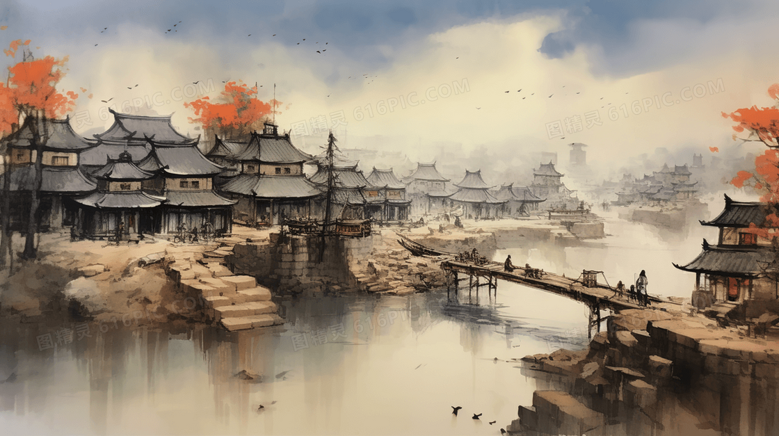 中国风唯美古建筑山水风景插画