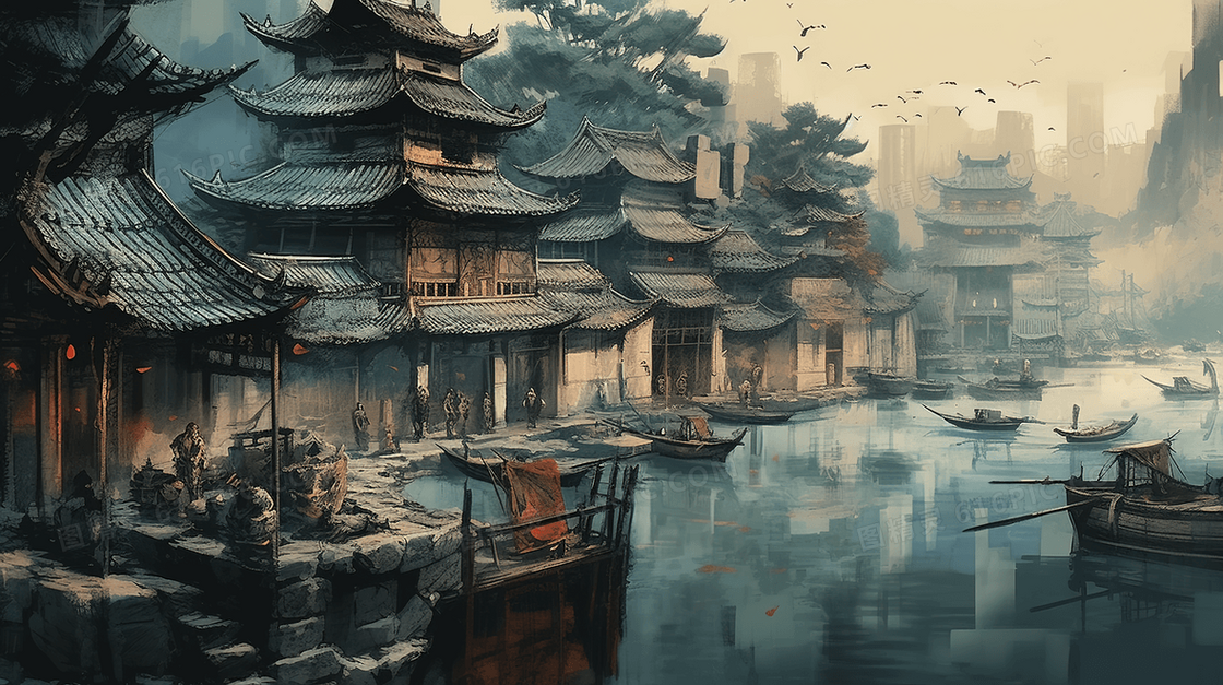 中国风唯美古建筑山水风景插画