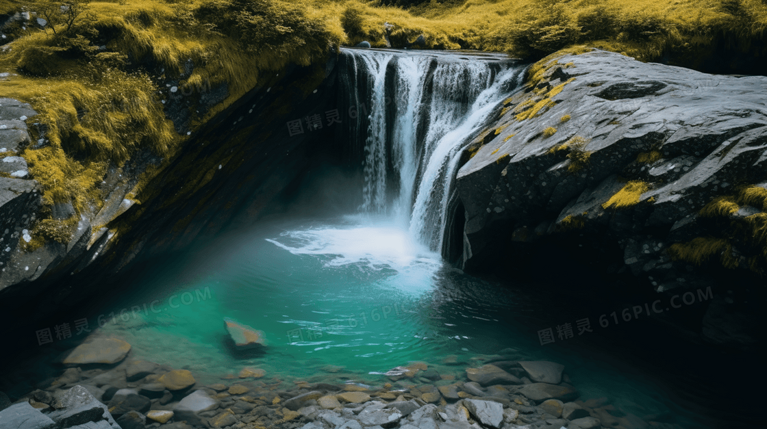 彩色自然风景瀑布风景插画
