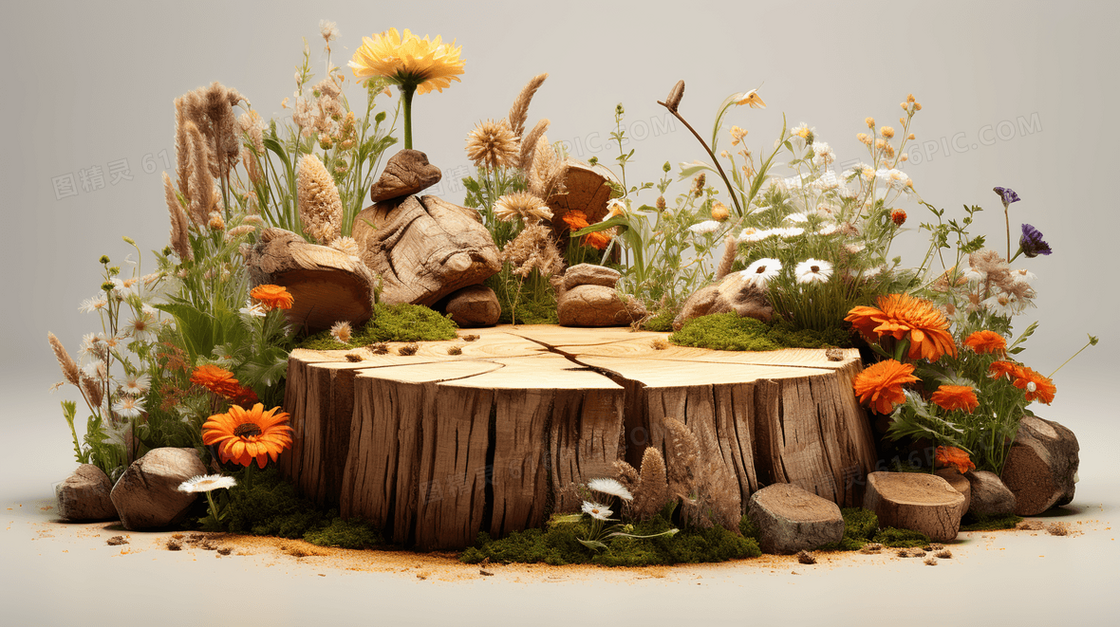 3D立体唯美意境花朵木头产品展示台图片