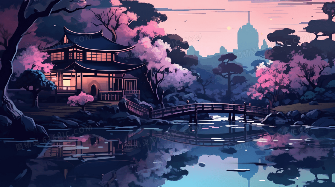 唯美意境月下古建筑风景插画