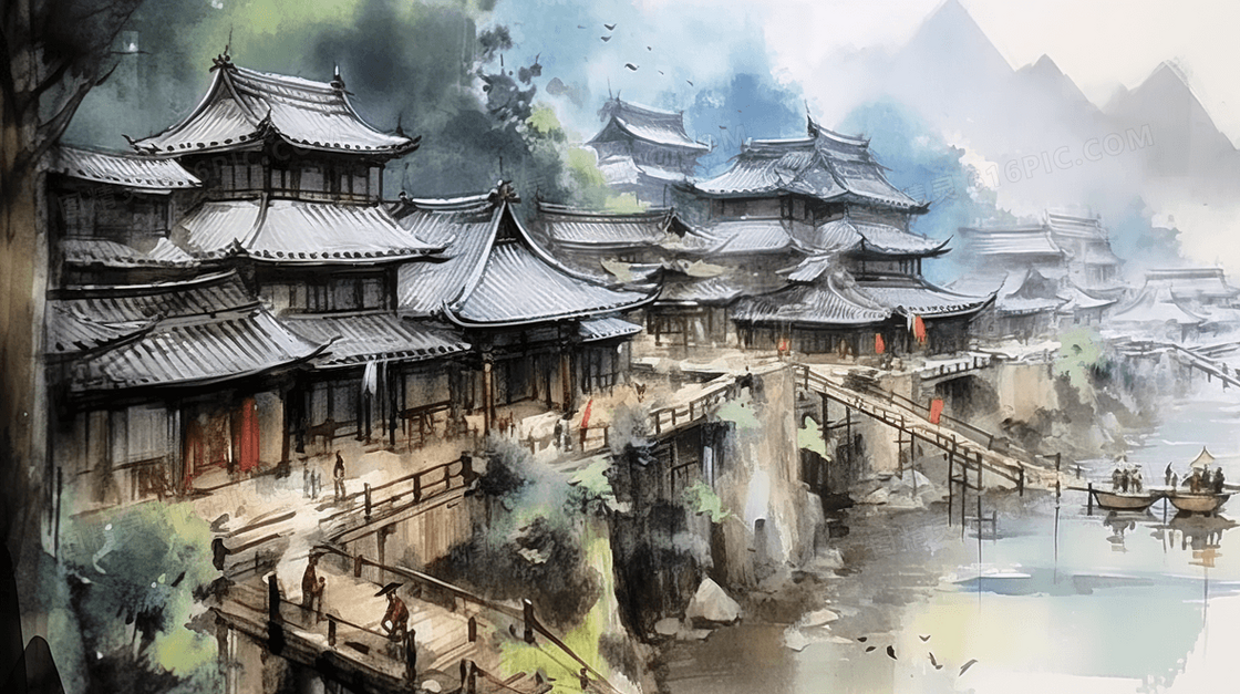 中国风唯美古建筑山水风景插画