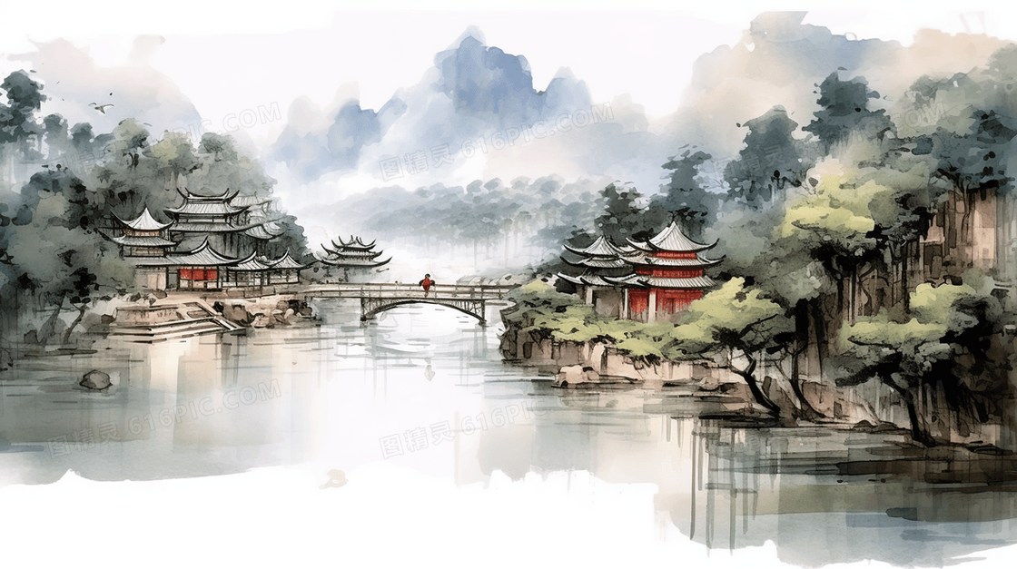 中国风唯美古建筑山水风景插画